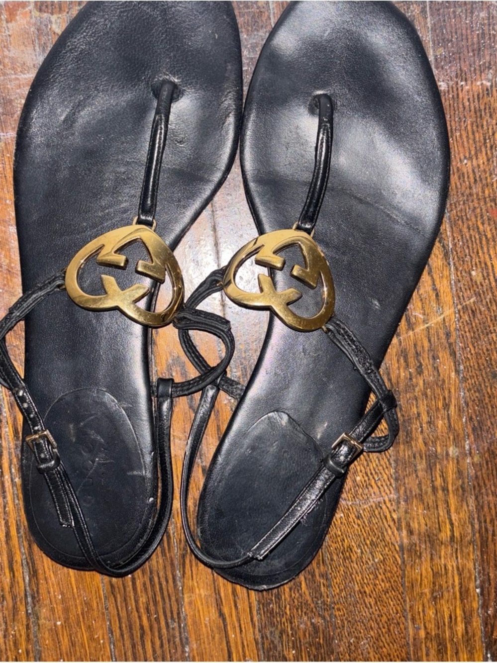 Gucci Black Leather T-Strap Sandals with Gold Double-G Accent